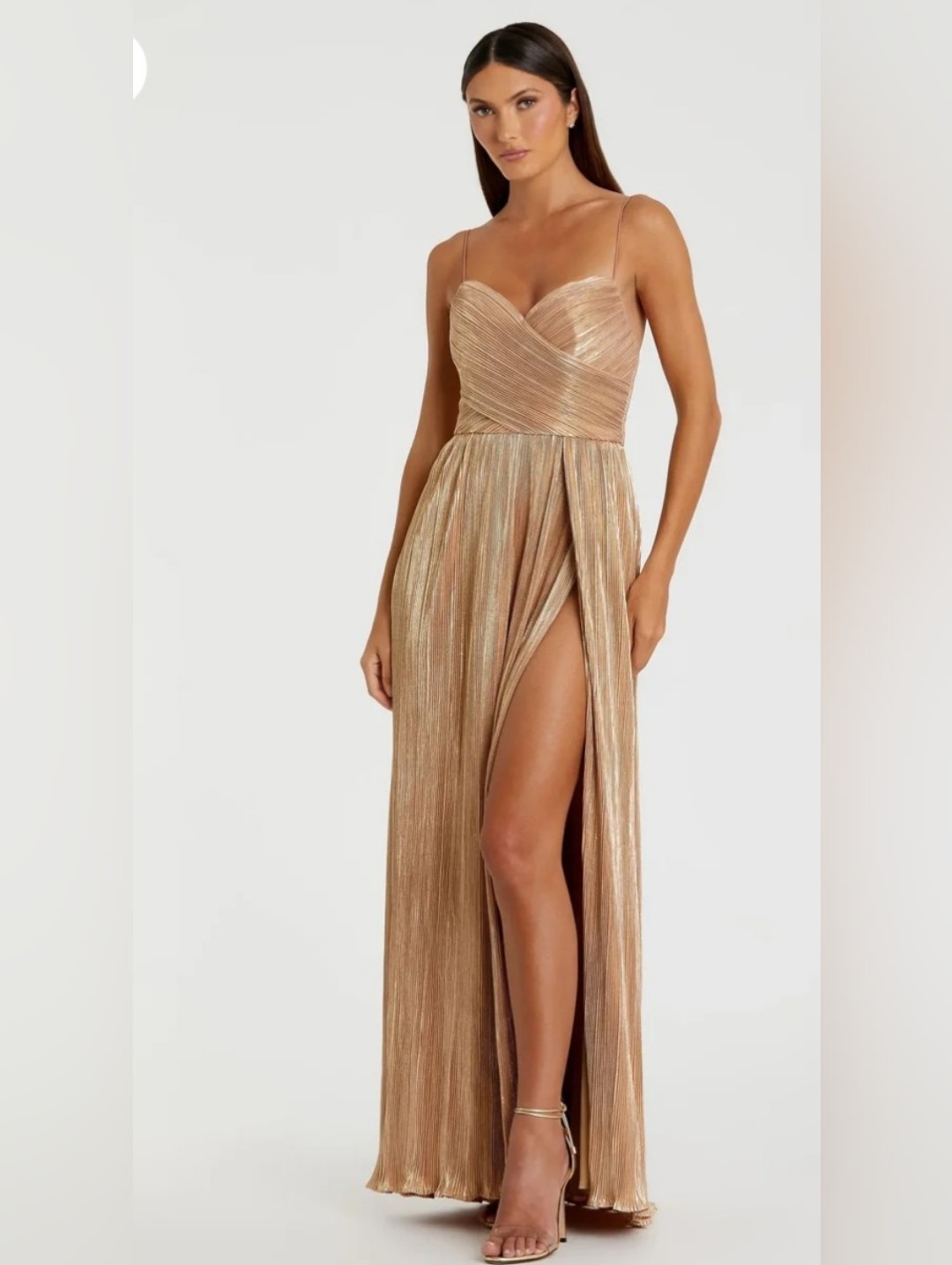 Ieena For Mac Duggal Gold Metallic Ruched A Line Gown.